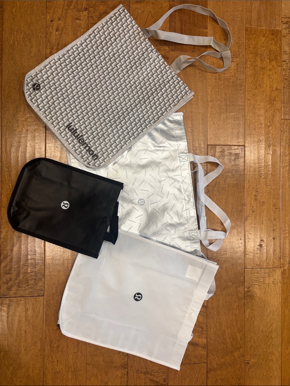 lululemon Tote Bag Lot (4): Black, White, Gray “L”, Jumbo Pattern- Reusable